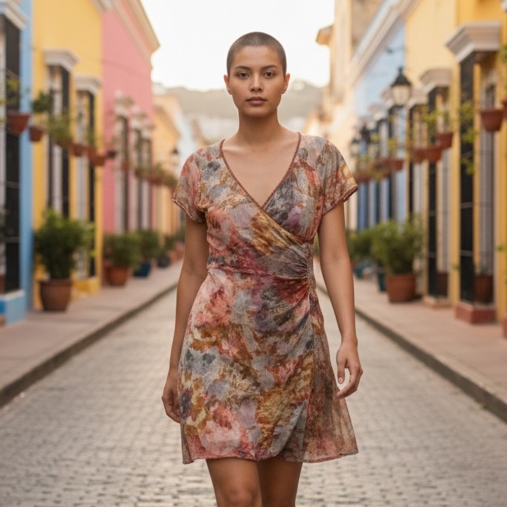 Y2K Floral Mesh Faux Wrap Dress 10 - Picture 1 of 8